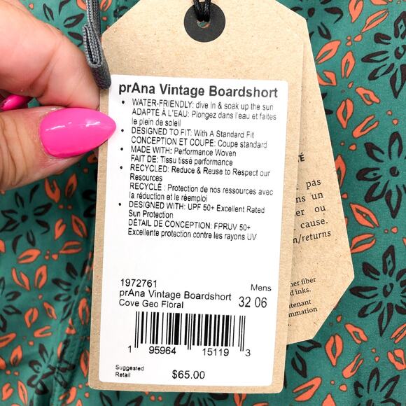 PRANA Men's Vintage Boardshort Size 32 Green Cove Geo Floral 6" Inseam Swim NWT - Picture 9 of 9